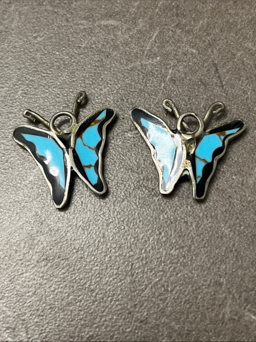 Turquoise Butterfly Inlay Pendant Pair - Blue Butterfly Charms 1”